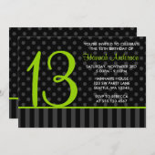 Invitation 13e Anniversaire Lime Vert Polka Noir rayures (Devant / Derrière)