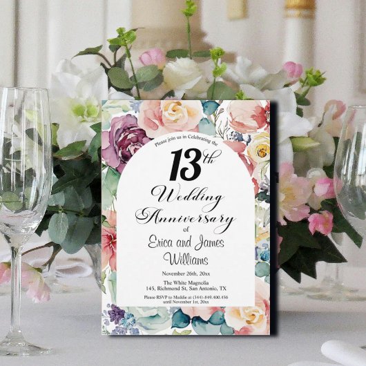Invitation 13e anniversaire Mariage Élégant script floral