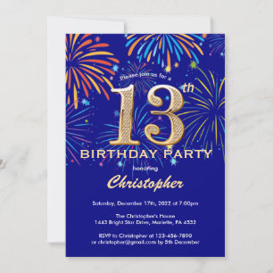 Invitation 13e anniversaire Marine Blue and Gold Rainbow Fire