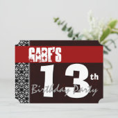 Invitation 13e anniversaire moderne pour lui Rouge Blanc Noir (Debout devant)