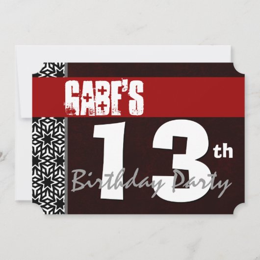 Invitation 13e anniversaire moderne pour lui Rouge Blanc Noir (Devant)