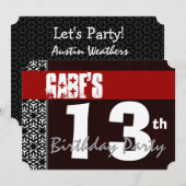 Invitation 13e anniversaire moderne pour lui Rouge Blanc Noir (Devant / Derrière)