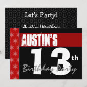 Invitation 13e anniversaire moderne pour lui Rouge Blanc Noir (Devant / Derrière)