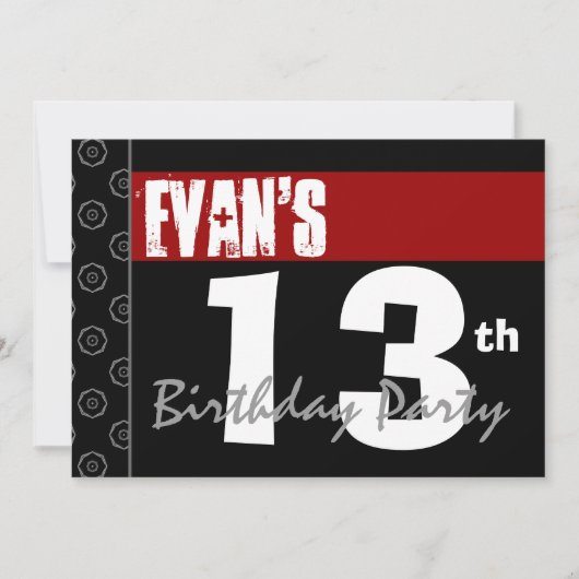 Invitation 13e anniversaire moderne pour lui Rouge Blanc Noir (Devant)