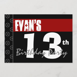 Invitation 13e anniversaire moderne pour lui Rouge Blanc Noir