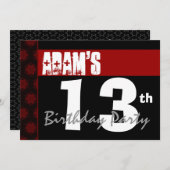Invitation 13e anniversaire moderne pour lui rouge blanc noir (Devant / Derrière)