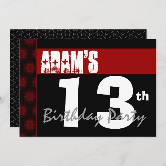 Invitation 13e anniversaire moderne pour lui rouge blanc noir (Devant / Derrière)
