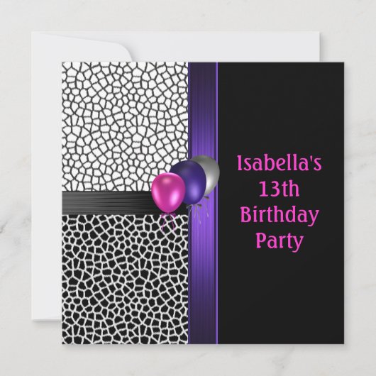 Invitation 13e anniversaire noir blanc rose pourpre (Devant)