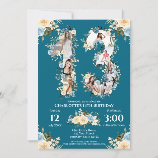 Invitation 13e anniversaire Photo Collage Turquoise Fleur Jau (Devant)