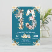 Invitation 13e anniversaire Photo Collage Turquoise Fleur Jau (Debout devant)