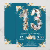 Invitation 13e anniversaire Photo Collage Turquoise Fleur Jau (Devant / Derrière)