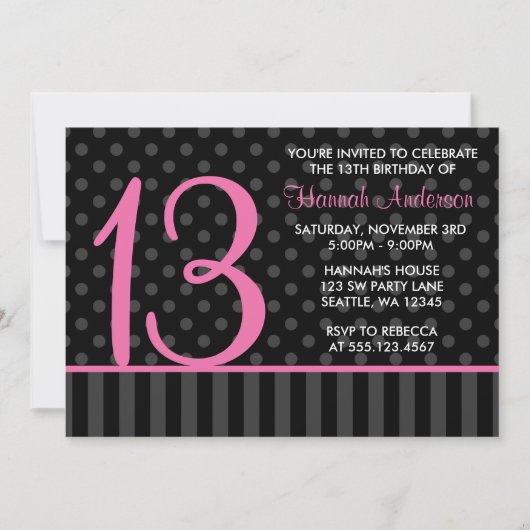 Invitation 13e anniversaire Pink and Black Polka Dot (Devant)