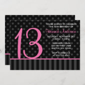 Invitation 13e anniversaire Pink and Black Polka Dot (Devant / Derrière)