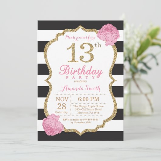 Invitation 13e anniversaire Pink Black Gold Floral (Debout devant)