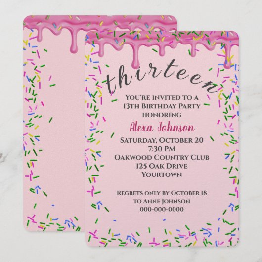 Invitation 13e Anniversaire Pink Icing Et Sprinkles (Devant / Derrière)
