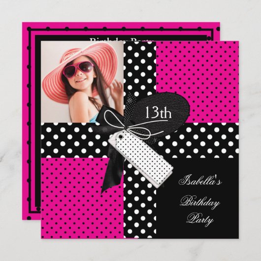 Invitation 13e anniversaire Polka Dot Hot rose noir blanc (Devant / Derrière)
