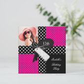 Invitation 13e anniversaire Polka Dot Hot rose noir blanc (Debout devant)