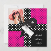 Invitation 13e anniversaire Polka Dot Hot rose noir blanc (Devant)