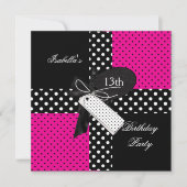 Invitation 13e anniversaire Polka Dot Hot rose noir blanc (Devant)