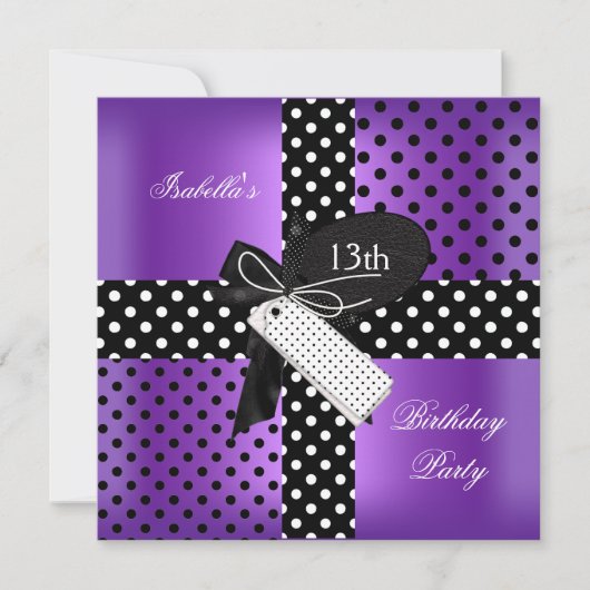 Invitation 13e Anniversaire Polka Dot Violet Noir Blanc 2 (Devant)