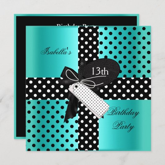 Invitation 13e anniversaire Polka point Turquoise bleu noir b (Devant / Derrière)