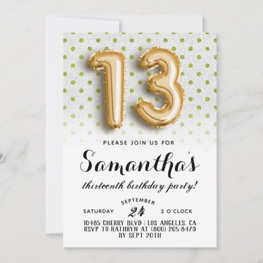 Invitation 13e anniversaire Polkadot Parties scintillant Invi (Devant)