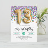 Invitation 13e anniversaire Purple Turquoise Confetti (Debout devant)