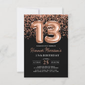 Invitation 13e anniversaire Rose Gold Black Balloons Party (Devant)