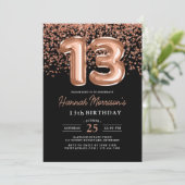 Invitation 13e anniversaire Rose Gold Black Balloons Party (Debout devant)