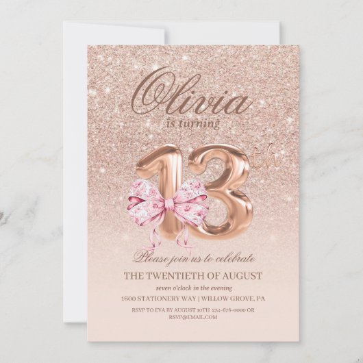 Invitation 13e anniversaire Rose rose or bow fête d'anniversa (Devant)