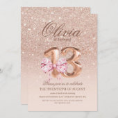 Invitation 13e anniversaire Rose rose or bow fête d'anniversa (Devant / Derrière)