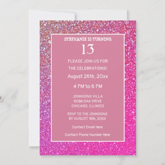 Invitation 13e anniversaire Rose Rose Parties scintillant or (Devant)