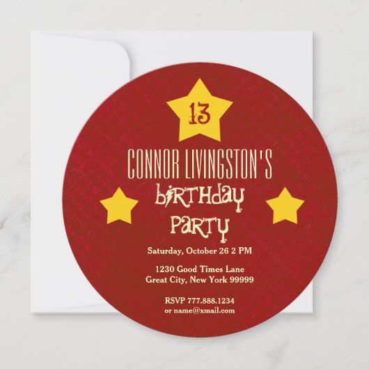 Invitation 13e Anniversaire Rouge Cercle Gold Stars V03D3 (Devant)