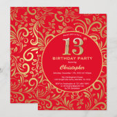 Invitation 13e anniversaire Rouge et or modèle floral (Devant / Derrière)