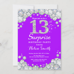 Invitation 13e anniversaire surprise Diamant mauve et argent