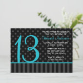 Invitation 13e anniversaire Turquoise bleu noir Polka points  (Debout devant)