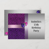 Invitation 13e anniversaire violet rose noir Motif et ballons (Devant / Derrière)