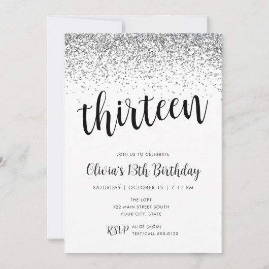 Invitation 13e anniversaireParties scintillant d'argent Confe (Devant)