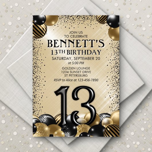 Invitation 13e Ballons Black Gold Anniversaire