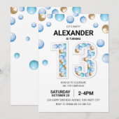 Invitation 13e fête d'anniversaire, Bleu et Ballons d'or (Devant / Derrière)