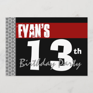 Invitation 13e fête d'anniversaire moderne rouge noir et blan