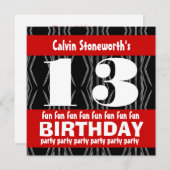 Invitation 13e fête d'anniversaire Noir Rouge Blanc Contempor (Devant / Derrière)