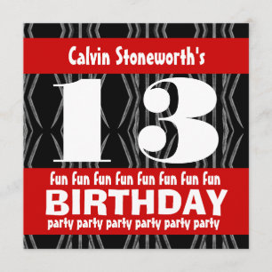 Invitation 13e fête d'anniversaire Noir Rouge Blanc Contempor