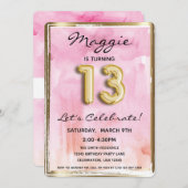 Invitation 13e fille Anniversaire rose et or (Devant / Derrière)
