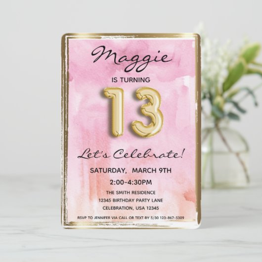 Invitation 13e fille Anniversaire rose et or (Debout devant)