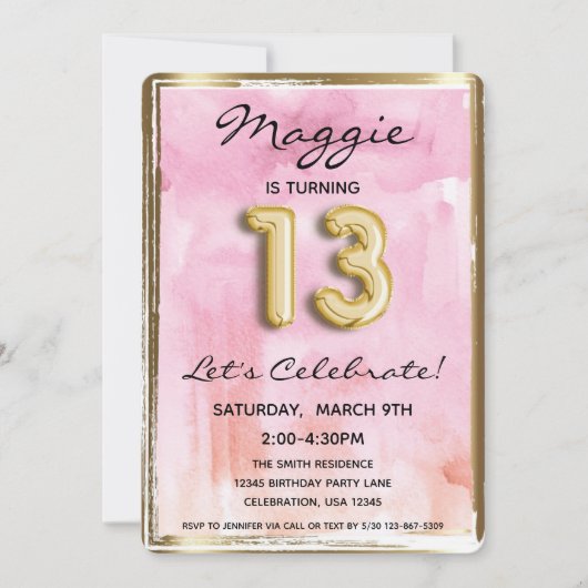 Invitation 13e fille Anniversaire rose et or (Devant)
