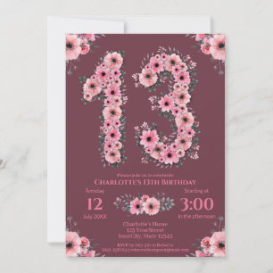 Invitation 13e grand anniversaire fille Fleurs roses Fleurs v