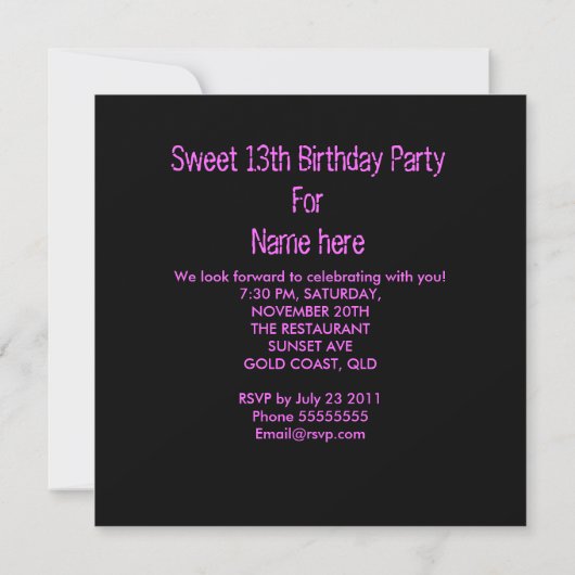 Invitation 13e Sweet 13 Anniversaire Billets Fun (Dos)