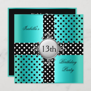 Invitation 13ème Ado Anniversaire fête Turquoise bleu noir Po