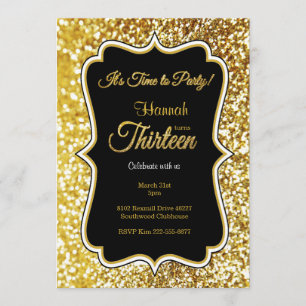 Invitation 13ème anniversaire en noir et or